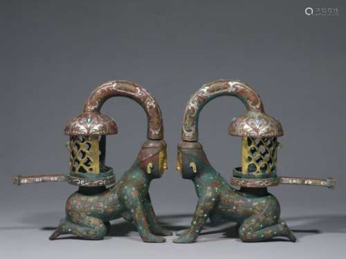 Pair of Chinese Bronze Lamp,Silver&Gold Inlaid