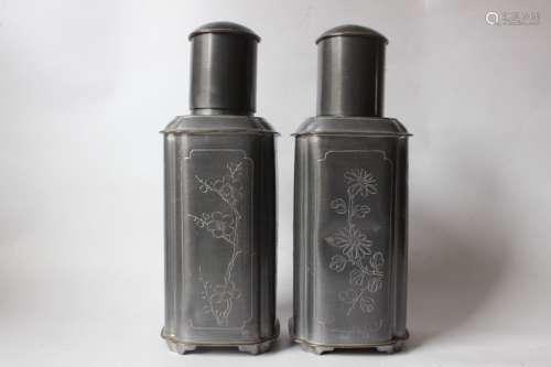 Pair of Chinese Pewter Tea Caddy,Mark