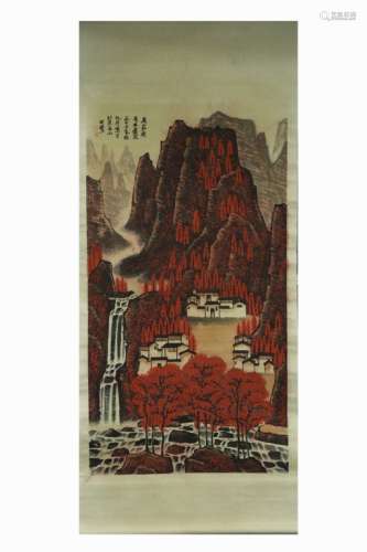 Chinese ink Color Landscape Scroll w Calligraphy