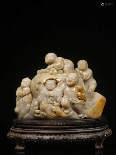 Chinese Hand Carved Soapstone Guanyin&Boys