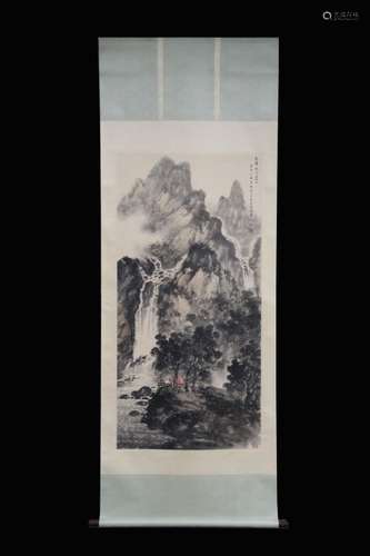 Chinese ink Color Landscape Scroll w Calligraphy