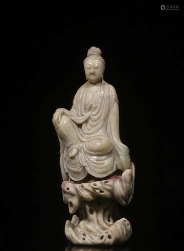 Chinese Hand Carved Soapstone Standing Guanyin