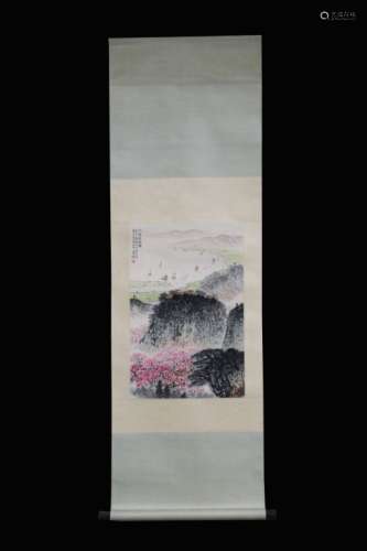 Chinese ink Color Landscape Scroll w Calligraphy