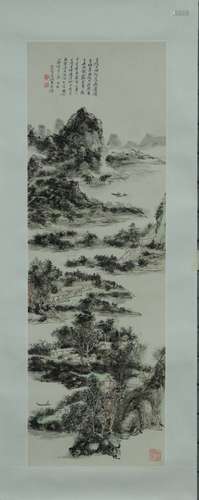 Chinese ink Color Landscape Scroll w Calligraphy