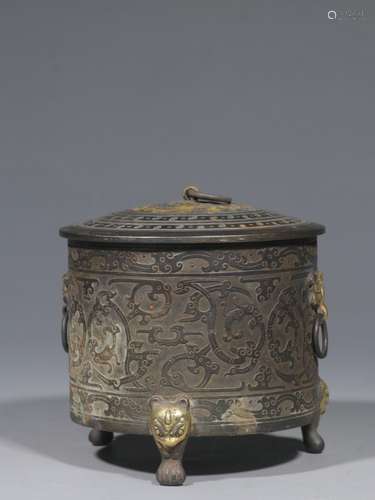 Chinese Silver and Gold inlaid Tripod Censer