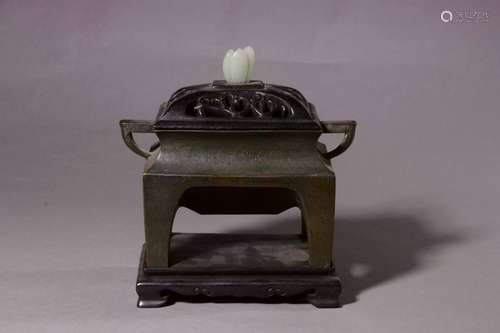 Chinese Bronze Censer w Jade Finial,Mark