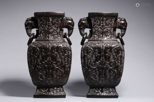 Pair of Chinese Zitan Wood Carved Vase