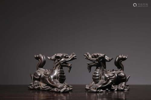 Pair of Chinese Zitan Wood Carved Kirin