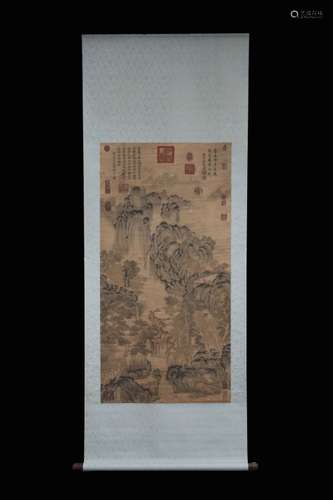 Chinese ink Color Landscape Scroll w Calligraphy