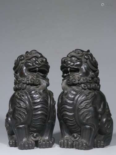Pair of Chinese Hand Carved Zitan Wood Lions