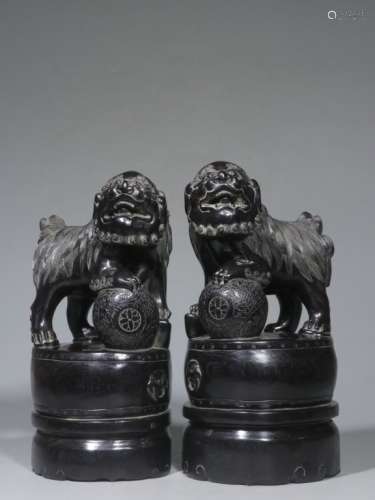 Pair of Chinese Hand Carved Zitan Wood Lions