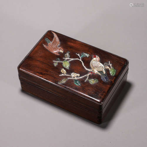 A fragrant rosewood gem-inlaid bird and flower box