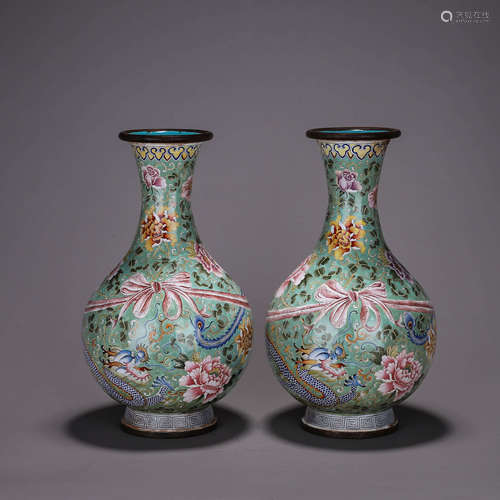 A pair of dragon and phoenix copper enamel vases