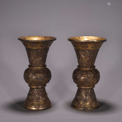 A pair of crane patterned gilding copper beaker vases