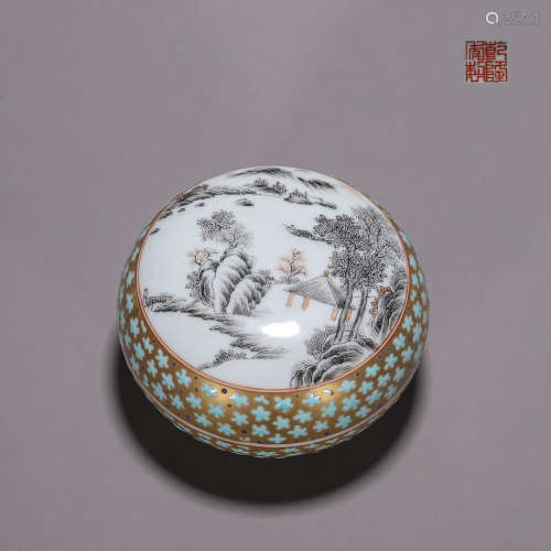 An ink colored landscape porcelain box