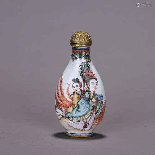 A peacock and fairy copper enamel snuff bottle