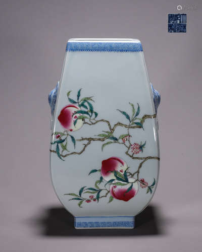 A famille rose peach porcelain double-eared zun