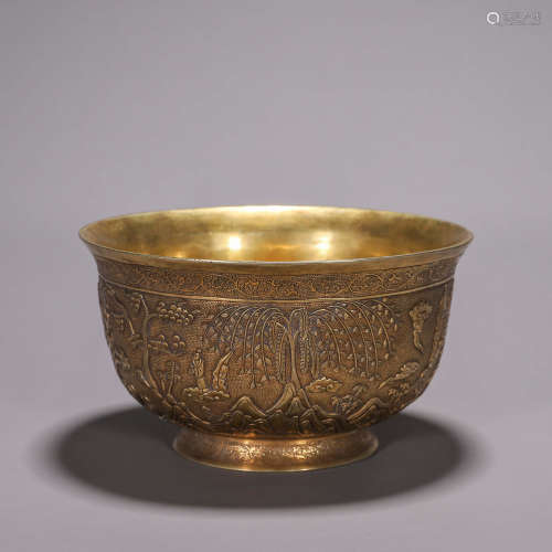 A landscape and figure patterned gilding copper bowl