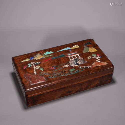 A fragrant rosewood gem-inlaid landscape box