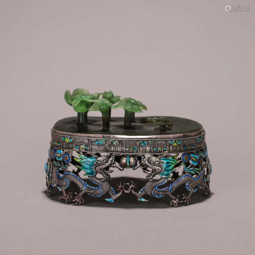 A dragon patterned silver and jasper lotus brush stand