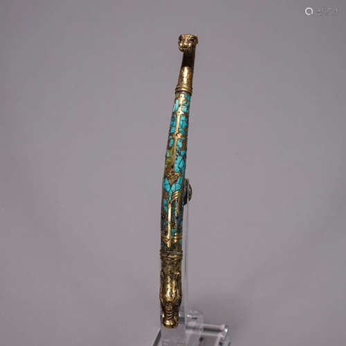 A bronze turquoise-inlaid dragon head hook