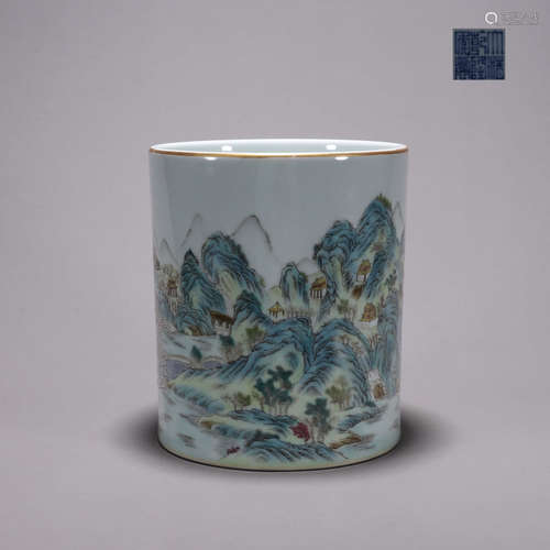 A famille rose landscape porcelain brush pot