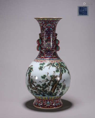 A famille rose crane porcelain vase
