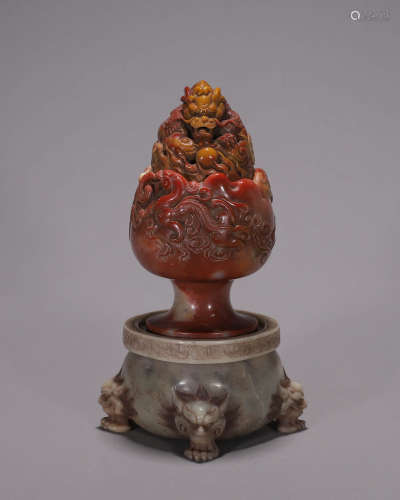 A Shoushan soapstone dragon incense burner with a pedestal