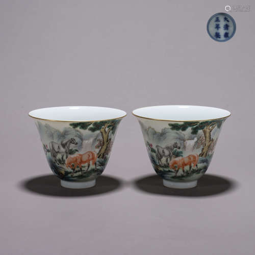 A pair of famille rose horse inscribed porcelain cups