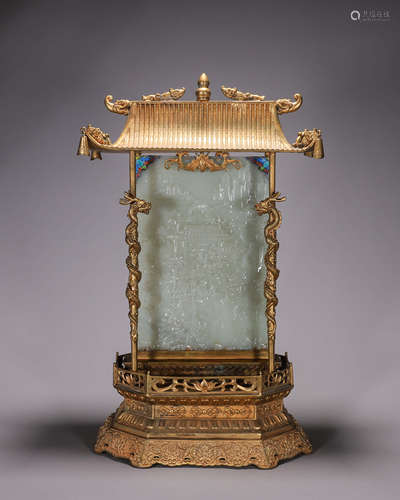 A gilding copper Hetian jade landscape screen