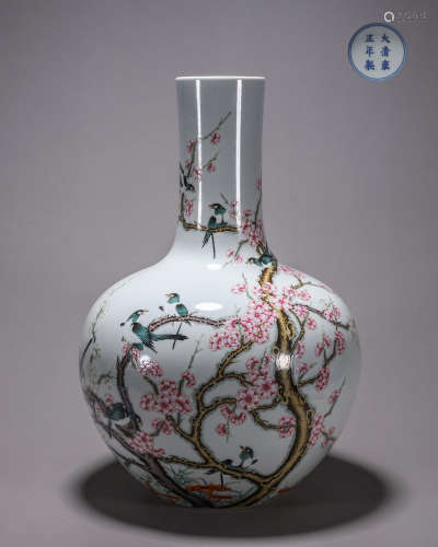 A famille rose magpie and plum blossom porcelain tianqiuping