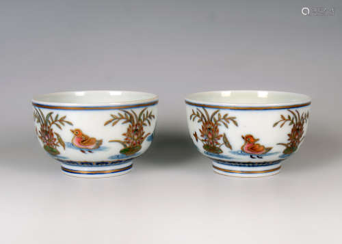 Blue and White Kiln Colored Cup in Mandarin Duck Design from...