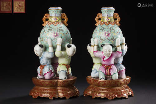 Famille Rosed Ornament of Child Holding Vase from Qing