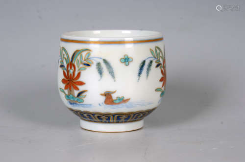 Blue and White Kiln Colored Cup in Mandarin Duck Design from...