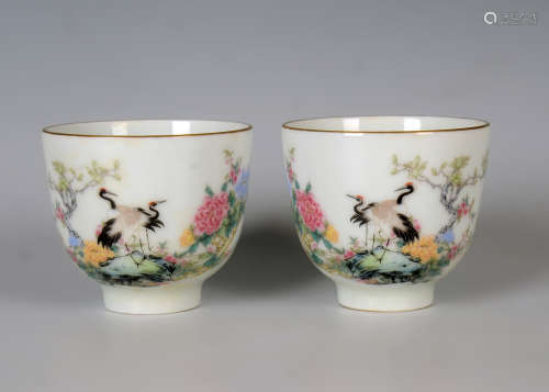 Famille Rosed Cup with Crane from Qing