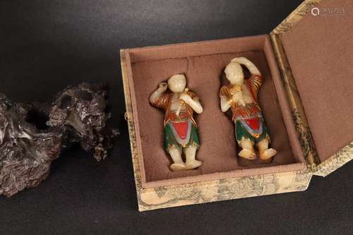 A Pair of ShouShan stone with Colored Human Statue from Qing