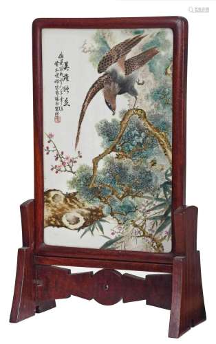 Chinese Carved Rosewood and Porcelain Table Screen