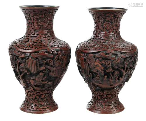 Near Pair of Finely Carved Cinnabar Cabinet Vases