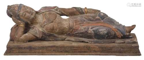 Large Chinese Carved and Polychromed Reclining Buddha