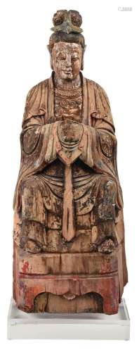 Large Early Chinese Carved and Polychromed Seated
