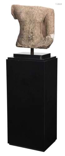 Southeast Asian Carved Grey Stone Torso on Pedestal