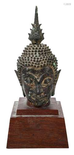 Bronze Buddha Head with Wood Stand