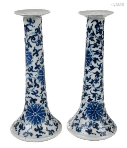 Two Chinese Blue and White Porcelain Candlesticks