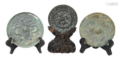 Three Asian Bronze Hand Mirrors with Stands