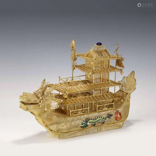 CHINESE SILVER GILT DRAGON BOAT