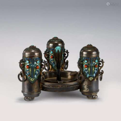 CHINESE SILVER TURQUOISE INLAID INCENSE BURNER SET