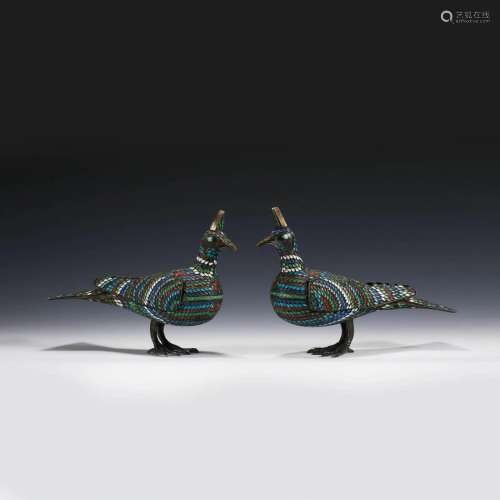 PAIR OF CHAMPLEVE SILVER ENAMEL DOVES