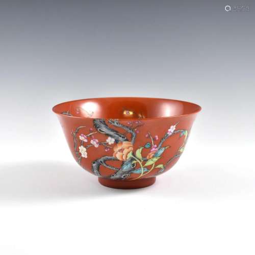 YONGZHENG FAMILLE ROSE OVER RED GROUND BOWL
