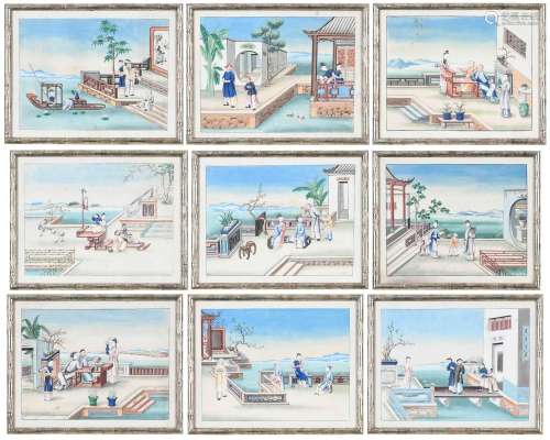 Group of Nine Framed Chinese Watercolors