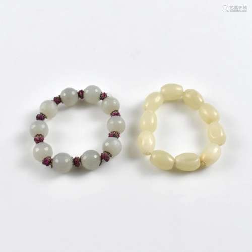 TWO PIECES OF WHITE JADE BEADS BRACELETS